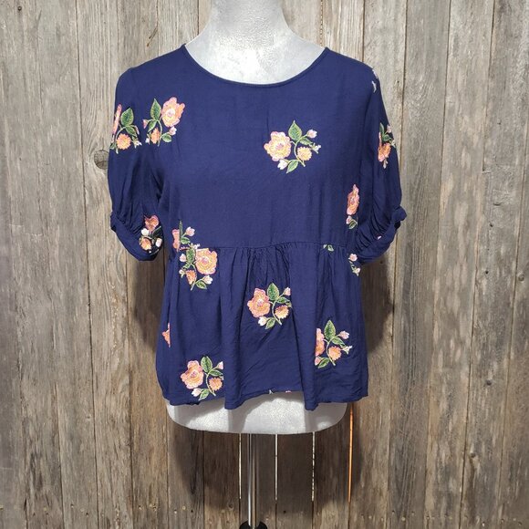 Rena for Ajio L Women's Top Blouse Baby Doll Peplum Blue Embroidered Floral - Picture 1 of 6
